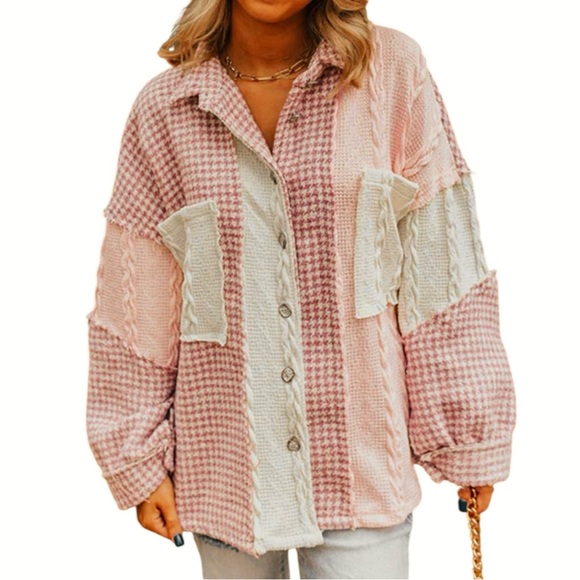 POL Houndstooth Contrast Cable Knit Pocket Shacket Pink & Cream Oversized sz M - Picture 1 of 11